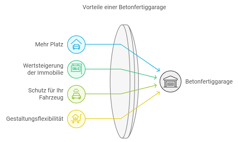 Vorteile einer Betonfertiggarage: Mehr Platz, Wertsteigerung der Immobilie, Schutz für das Fahrzeug, Gestaltungsflexibilität.