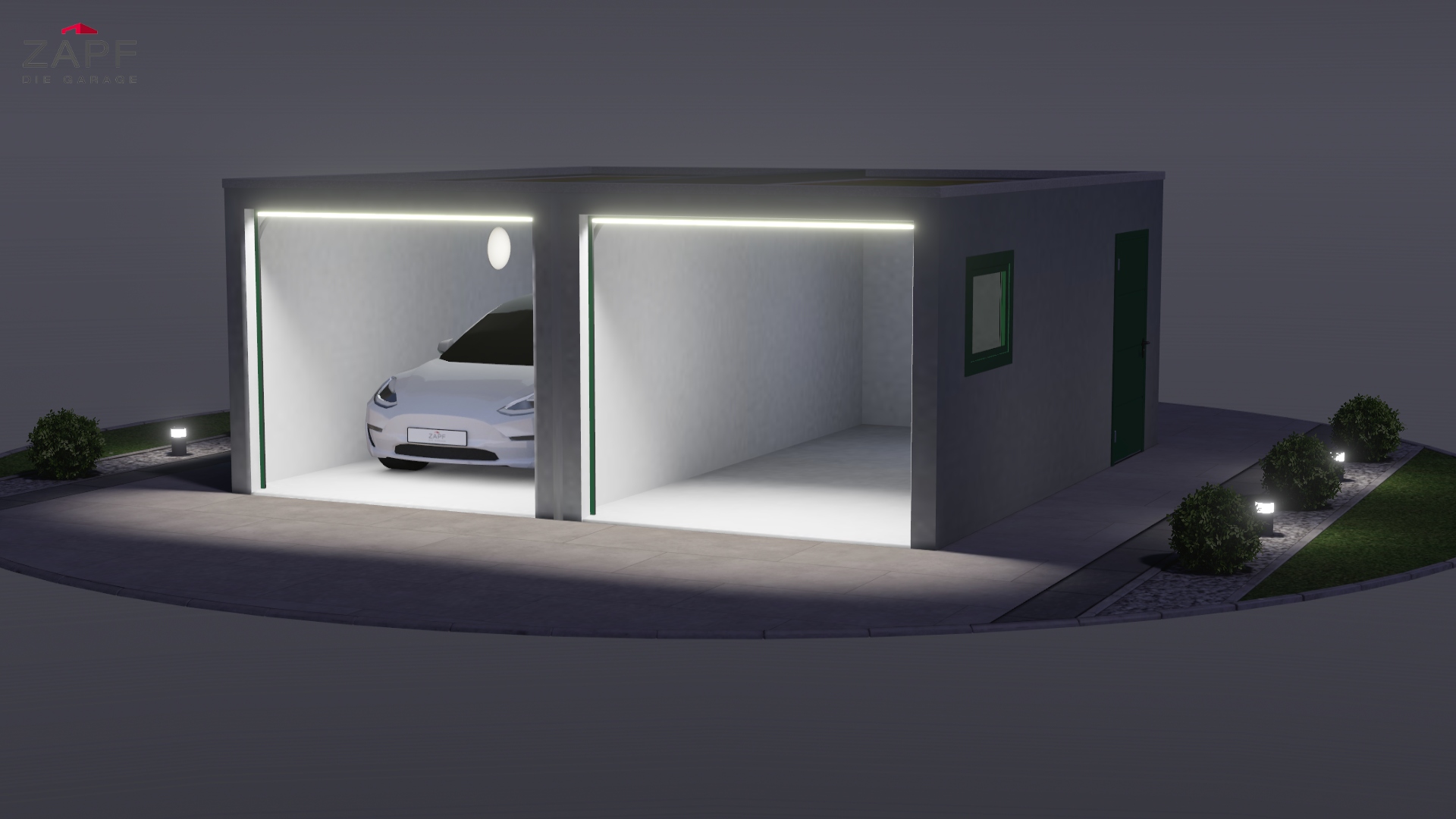 3D-Visualisierung einer modernen Doppelgarage mit Beleuchtung und einem Elektrofahrzeug im linken Garagenbereich, erstellt mit dem neuen Garagen-Konfigurator von ZAPF.